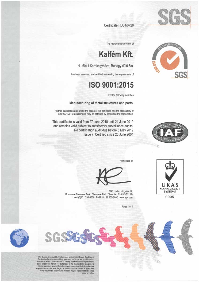 Kalfém Kft. ISO 9001 tanusitvány - Angol