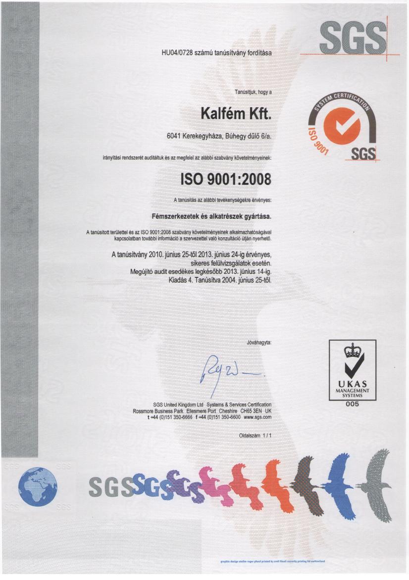 ISO tanusítvány 2013 - Magyar - Kalfém Kft.